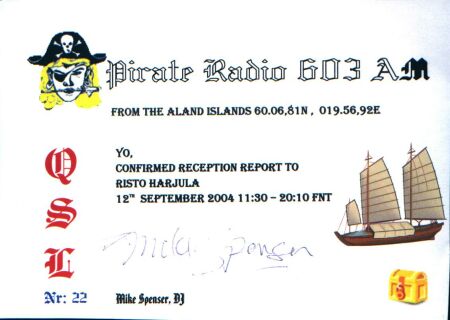 Pirate Radio 603AM QSL card